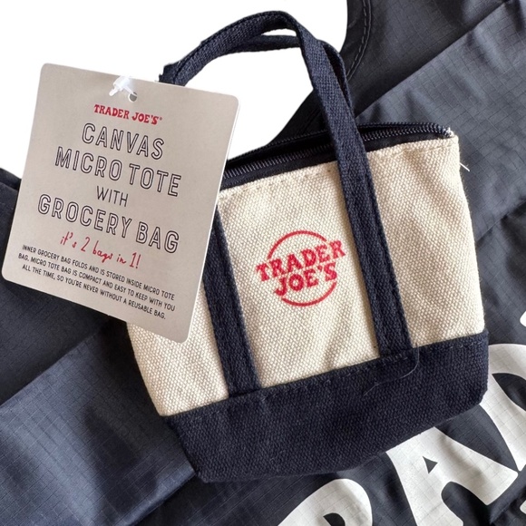 Trader Joe’s Canvas Micro Tote With Foldable Grocery Bag –Navy – Brand New - Picture 3 of 3